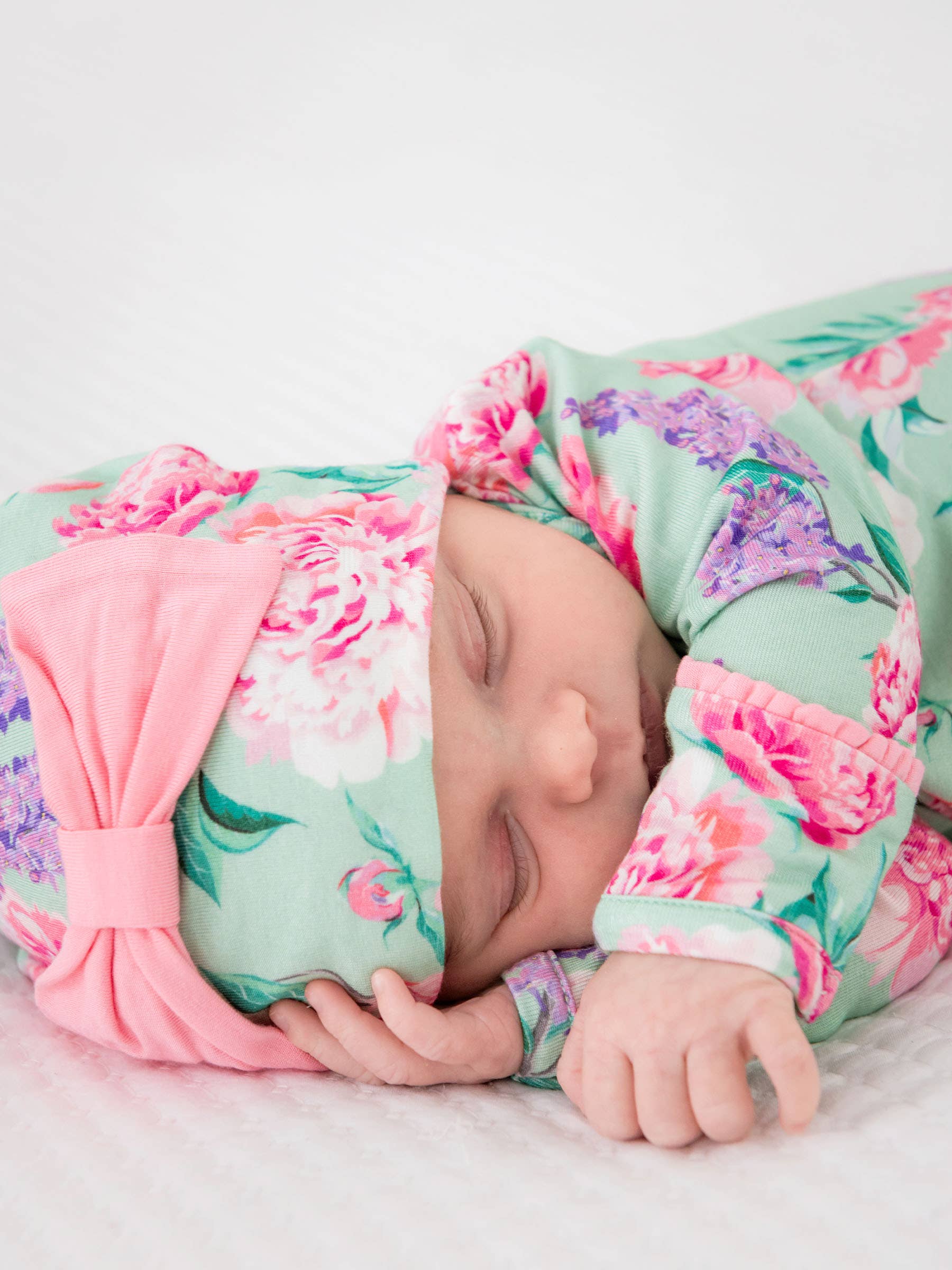 SoftSnooze™ Baby Girls Bamboo Viscose Sage Garden Ruffle Knotted Sleep Gown & Bow Hat Set - Premium Baby Sleepwear from RuffleButts + RuggedButts - Just $42.95! Shop now at Pat's Monograms