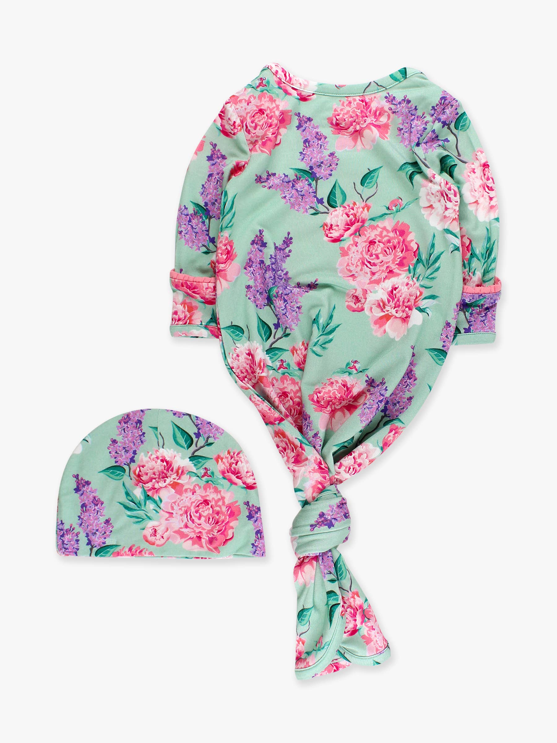 SoftSnooze™ Baby Girls Bamboo Viscose Sage Garden Ruffle Knotted Sleep Gown & Bow Hat Set - Premium Baby Sleepwear from RuffleButts + RuggedButts - Just $42.95! Shop now at Pat's Monograms