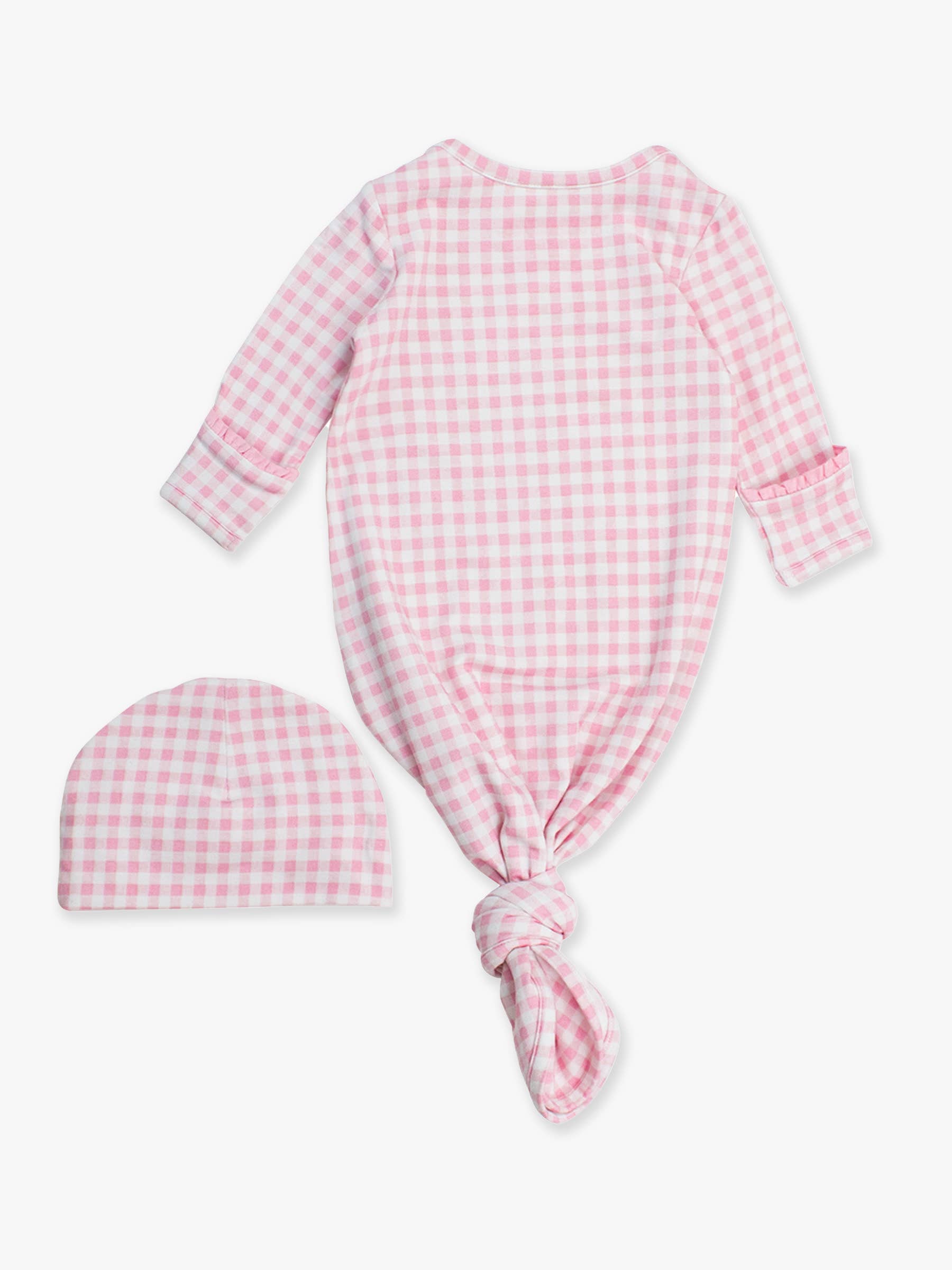 SoftSnooze™ Baby Girls Cotton Modal Pink Gingham Ruffle Knotted Sleep Gown & Bow Hat Set - Premium Baby Sleepwear from RuffleButts + RuggedButts - Just $42.95! Shop now at Pat's Monograms