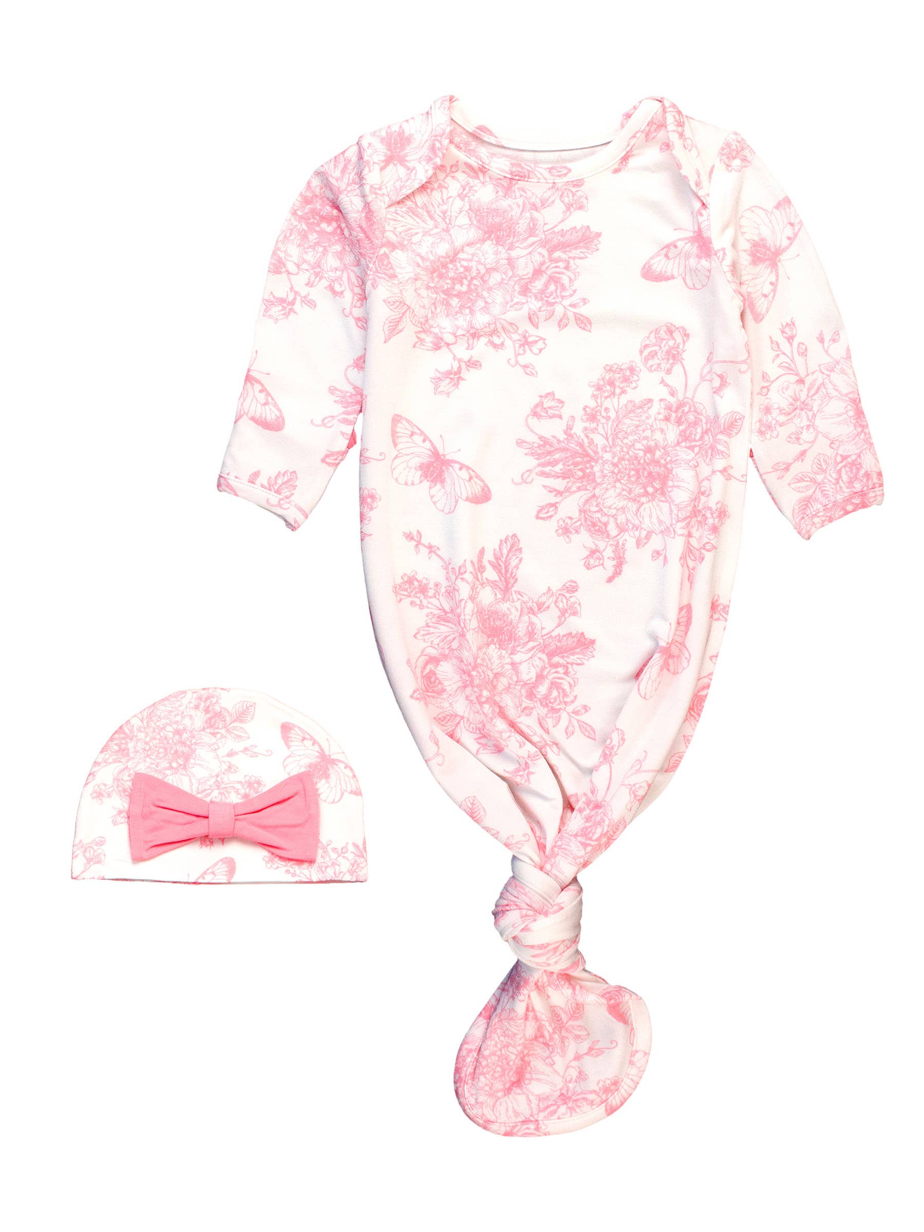 SoftSnooze™ Baby Girls Bamboo Viscose Pink Butterfly Garden Toile Ruffle Knotted Sleep Gown & Bow Hat Set - Premium Baby Sleepwear from RuffleButts + RuggedButts - Just $42.95! Shop now at Pat's Monograms