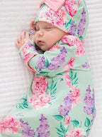 SoftSnooze™ Baby Girls Bamboo Viscose Sage Garden Ruffle Knotted Sleep Gown & Bow Hat Set - Premium Baby Sleepwear from RuffleButts + RuggedButts - Just $42.95! Shop now at Pat's Monograms