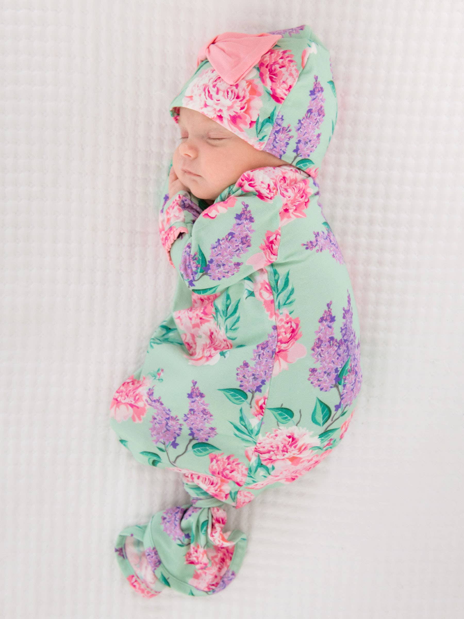 SoftSnooze™ Baby Girls Bamboo Viscose Sage Garden Ruffle Knotted Sleep Gown & Bow Hat Set - Premium Baby Sleepwear from RuffleButts + RuggedButts - Just $42.95! Shop now at Pat's Monograms